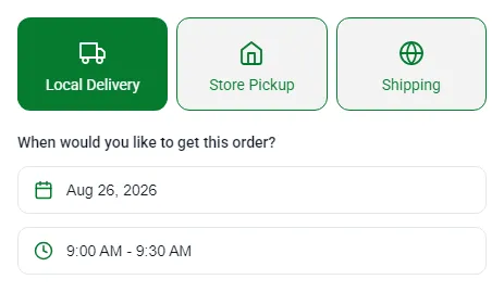 Storefront cart widget with Local Delivery selected beside Store Pickup and Shipping, and the chosen date Aug 26, 2026 with a 9:00 AM to 9:30 AM time slot